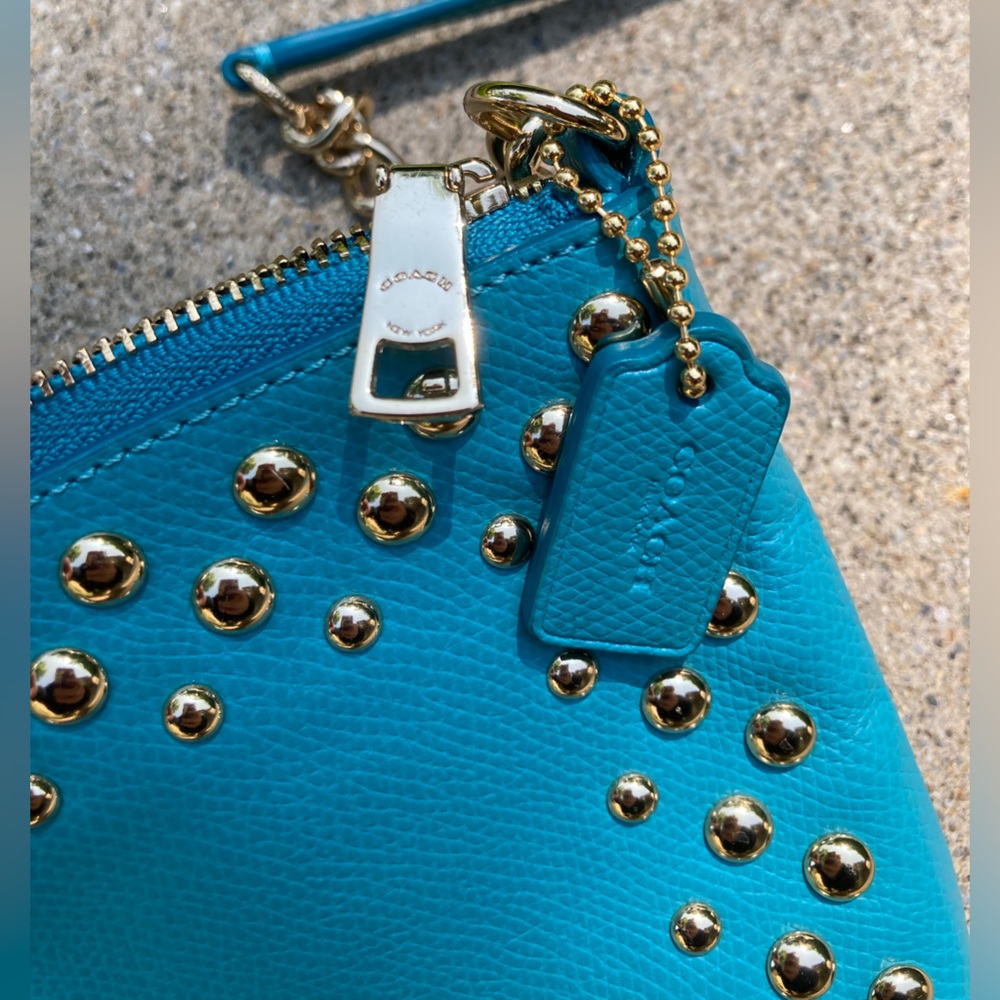 Coach Quinn Teal Blue Metal Bubble Studded Soft Leather Small Crossbody Purse - Picture 12 of 17